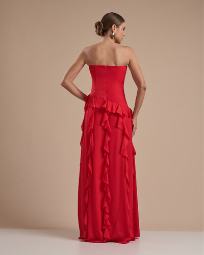 Foto Vestido de festa Longo Tomara que Caia Crepe Chiffon com Bababos Cascata e Fenda Vermelho