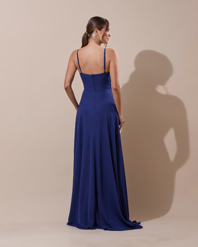 Foto Vestido de Festa Longo Crepe Chiffon Drapeado com Alças e Saia Fluida Azul Marinho