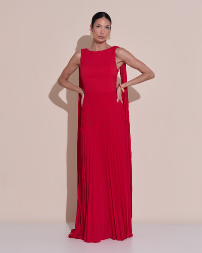 Foto Vestido de Festa Longo Crepe Chiffon Plissado com Lenço nas Alças Vermelho