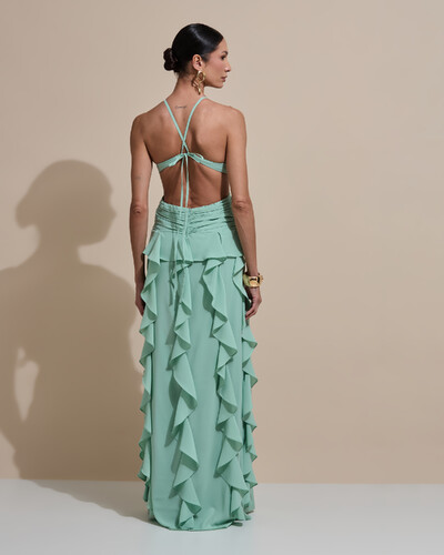 Foto Vestido de Festa Longo Decote V Recortes Drapeado Crepe Chiffon Babados Cascata Verde Menta