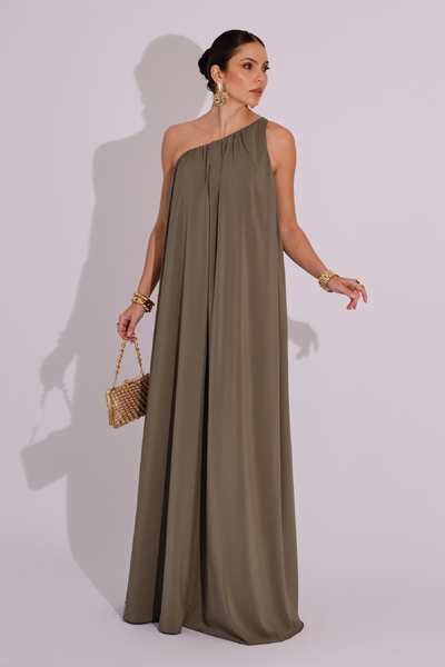 Foto Vestido de Festa Longo Crepe Fluido um Ombro Só com Lenço Verde Oliva