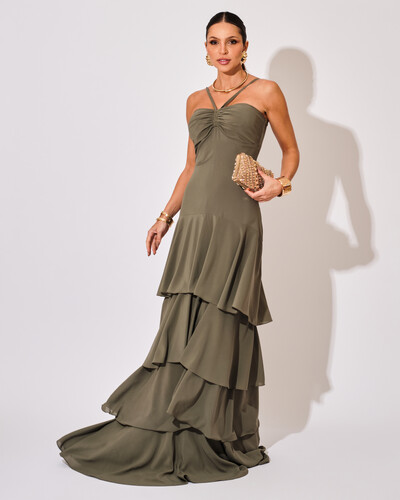 Foto Vestido Longo Crepe com Babado em Camadas Verde Oliva