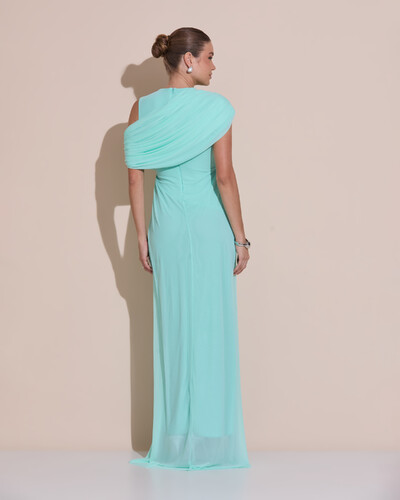 Foto Vestido de Festa Longo Capa Drapeado Tule Saia Fluida Tiffany