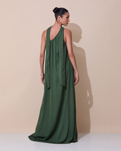 Foto Vestido de Festa Longo Crepe Fluido um Ombro Só com Lenço Verde Escuro New
