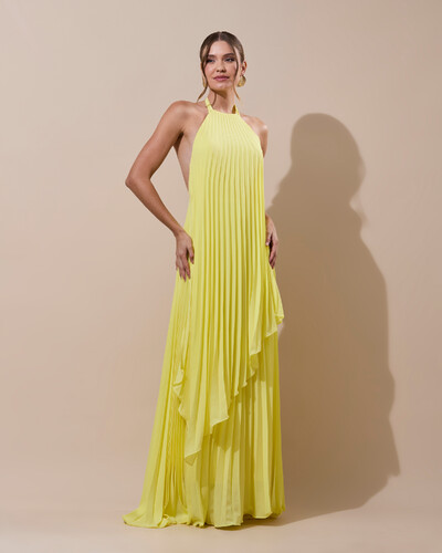 Foto Vestidos de Festa Longo Chiffon Fluido Frente Única Plissado Duplo Amarelo Manteiga