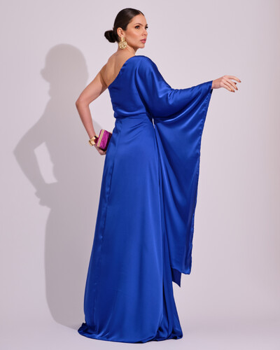 FotoVestido Longo de Cetim Fluido uma Manga e Detalhe Torcido Azul Royal