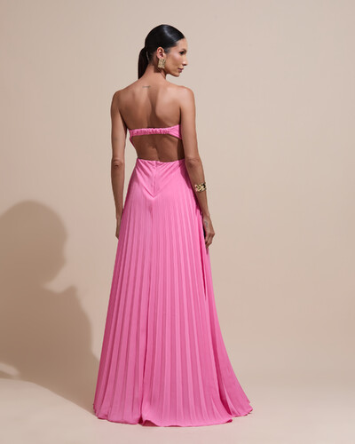 Foto Vestido de Festa Longo Tomara que Caia Plissado Detalhe Rosa
