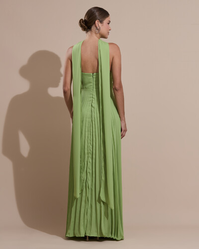 FotoVestido de Festa Longo Plissado Crepe Chiffon com Alça e Lenço Verde Garden