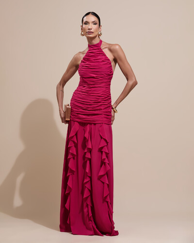 Foto Vestido de Festa Longo Frente Única Crepe Chiffon Drapeado Babados Cascata Cereja