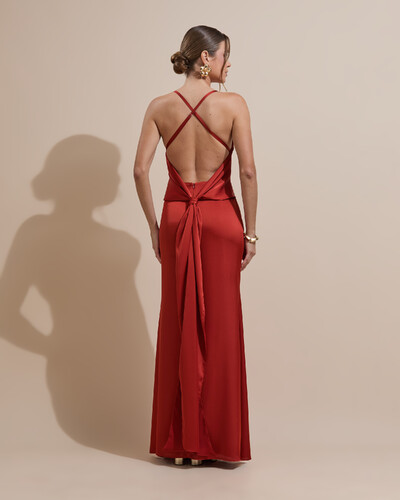 FotoVestido de Festa Longo Costas Abertas Laço Cetim Decote V Terracota