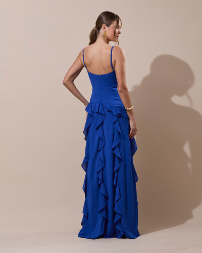 Foto Vestido de Festa Longo Decote V Crepe Chiffon Babados Cascata e Fenda Azul Royal