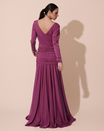 FotoVestido de Festa Longo Malha Degagê Drapeado Manga Longa Fúcsia