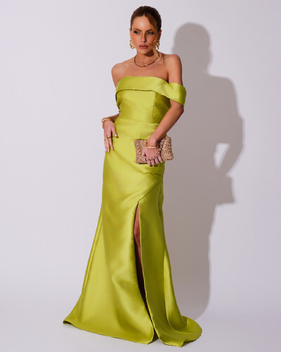 Foto Vestido de Festa Longo Zibeline Ombro a Ombro Drapeado e Fenda Verde Lima