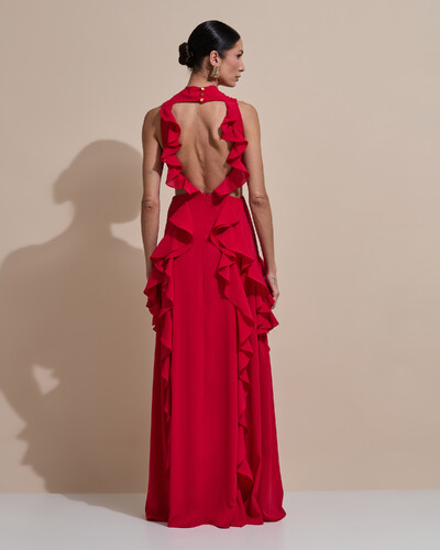 Foto Vestido de Festa Longo Gola Alta Crepe Chiffon Recortes Babados Cascata Vermelho