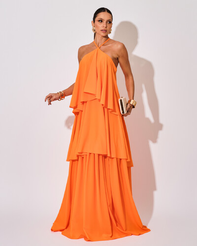 Foto Vestido Longo Babado em Camadas Laranja