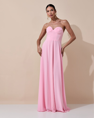 Foto Vestido de Festa Longo Tomara que Caia Crepe Chiffon Decote Coração Lenço Rosa Claro