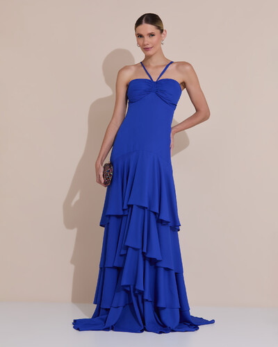 Foto Vestido Longo Crepe com Babado em Camadas Azul Royal