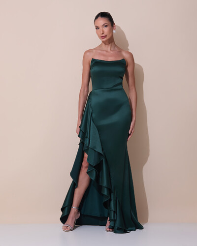 Foto Vestido de Festa Longo Tomara que Caia Cetim Babado Fenda Verde Escuro