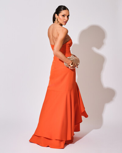 FotoVestido Longo com Fenda de Babados Alfaiataria Laranja