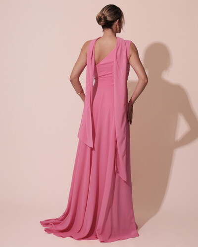 FotoVestido de Festa Longo Crepe Chiffon Um Ombro Só Drapeado com Lenço Rosa