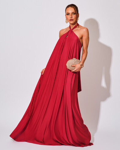Foto Vestido Longo com Amarração em Malha Cereja