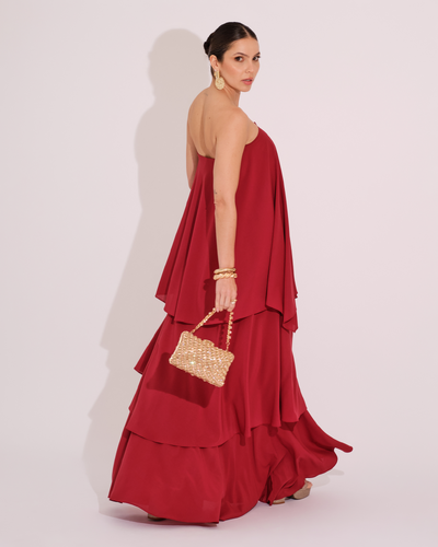 FotoVestido de Festa Longo Tomara que Caia em Camadas Marsala