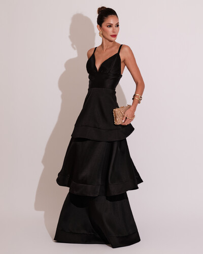 Foto Vestido de Festa Longo Zibeline em Camadas Decote em V com Alças Preto