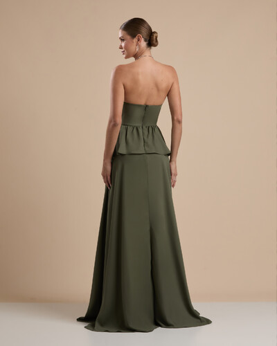 FotoVestido de Festa Longo Crepe Chiffon Tomara que Caia Peplum Drapeado Verde Oliva