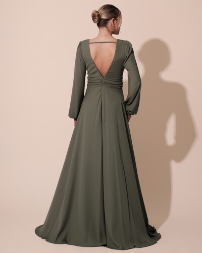 FotoVestido de Festa Manga Longa com Cintura Drapeada Decote V Verde Oliva