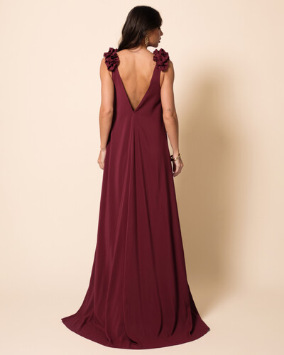 FotoVestido de Festa Longo Crepe Chiffon Fluido Decote em V Flores Marsala