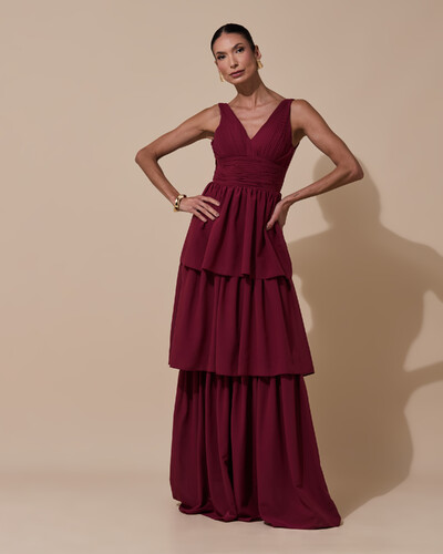 Foto Vestido de Festa Longo Decote V Crepe Chiffon Plissado Camadas Babado Marsala New