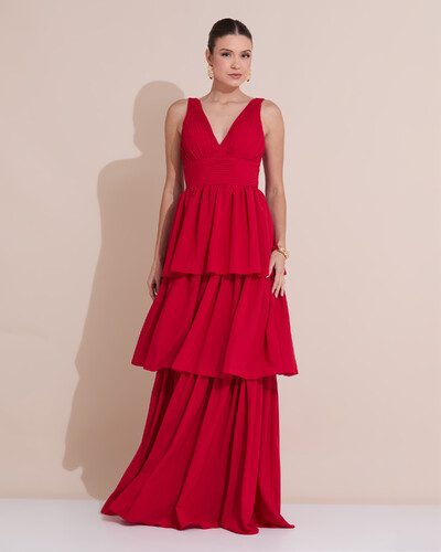 Foto Vestido de Festa Longo Decote V Crepe Chiffon Plissado Camadas Babado Vermelho