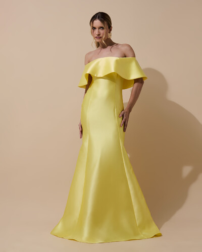 Foto Vestido de Festa Longo Zibeline Ombro a Ombro com Babado Amarelo Manteiga