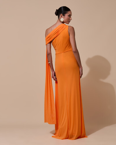Foto Vestido de Festa Longo Um Ombro Só Tule Faixa Drapeada Lenço Laranja New