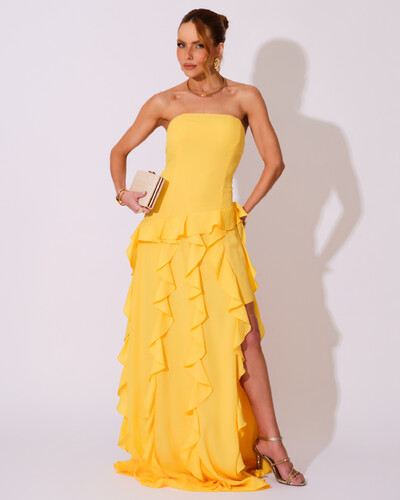 Foto Vestido de festa Longo Tomara que Caia Crepe Chiffon com Bababos Cascata e Fenda Amarelo