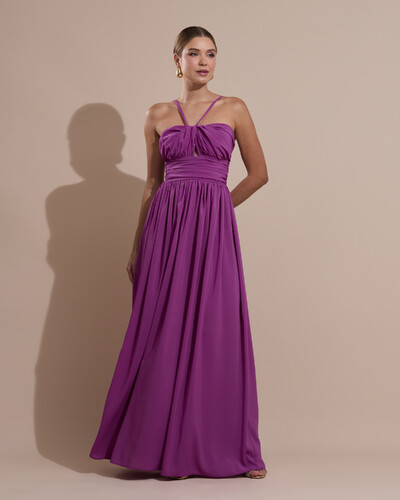 Foto Vestido de Festa Longo Crepe Chiffon Drapeado com Alças Finas Fúcsia