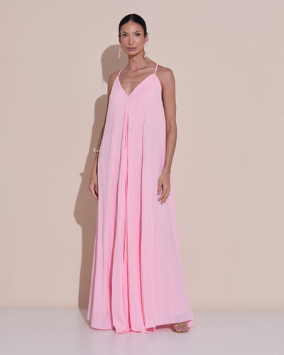 Foto Vestido de Festa Longo Plissado Crepe Chiffon Decote V Alças Finas Rosa Claro