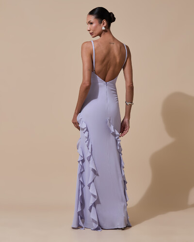 Foto Vestido de Festa Longo Alças Finas Crepe Chiffon Babado Cascata Fenda Costas V Lilás Claro