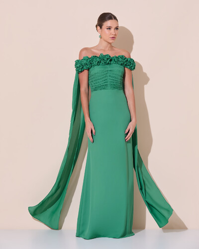 Foto Vestido de Festa Longo Ombro a Ombro Plissado Crepe Chiffon Capa Flor 3D Verde Matcha Escuro