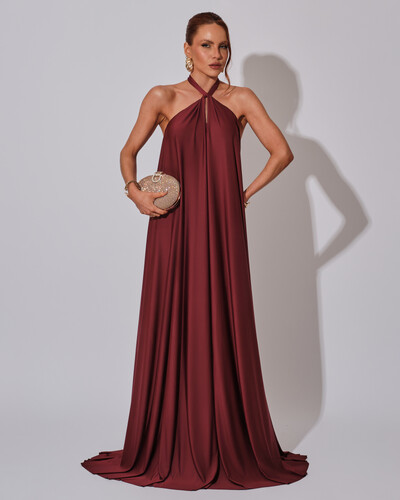 Foto Vestido Longo com Amarração em Malha Marsala Escuro