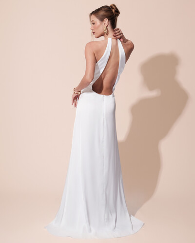 FotoVestido de Festa Longo Cetim Fluido com Argola Frente Única Branco