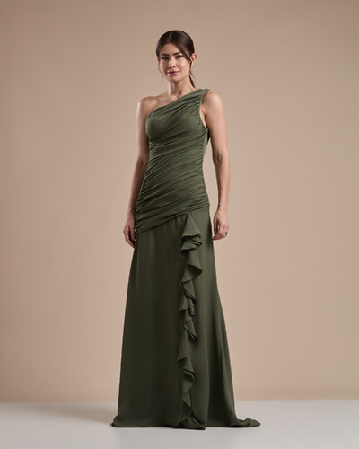 Foto Vestido de Festa Longo Crepe Chiffon Um Ombro Só Drapeado com Babado Cascata Verde Oliva