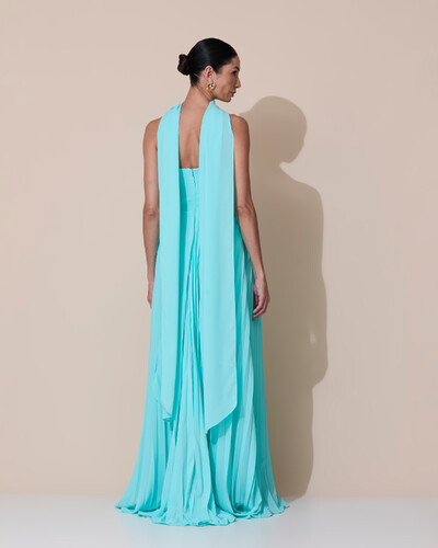 Foto Vestido de Festa Longo Tomara que Caia Plissado com Lenço Verde Tiffany