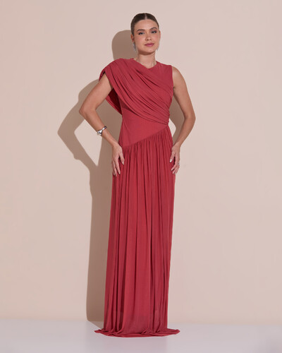 Foto Vestido de Festa Longo Capa Drapeado Tule Saia Fluida Terracota
