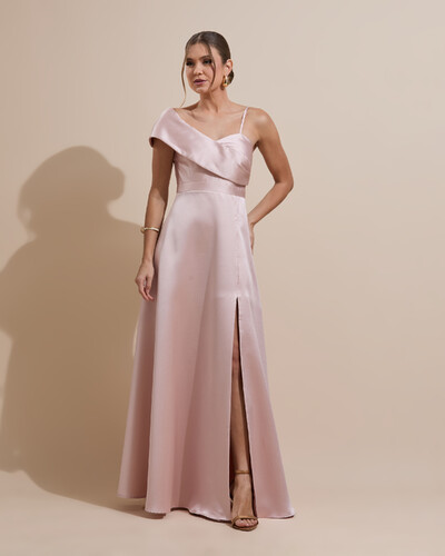 Foto Vestido de Festa longo Faixa Ombro e Fenda Zibeline Rosa Nude