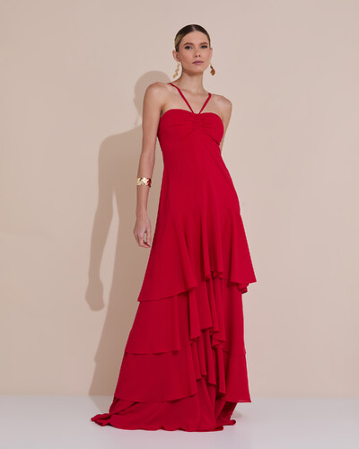 Foto Vestido Longo Crepe com Babado em Camadas Vermelho