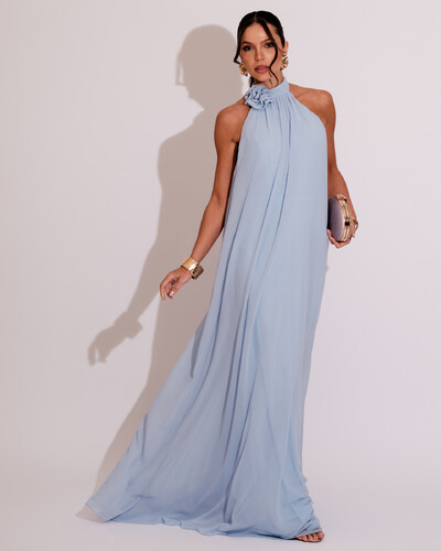 Foto Vestido Longo Crepe Frente Única Fluido Flor Removível Serenity