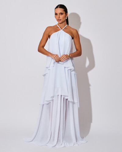 Foto Vestido Longo Crepe Chiffon Babado em Camadas Branco