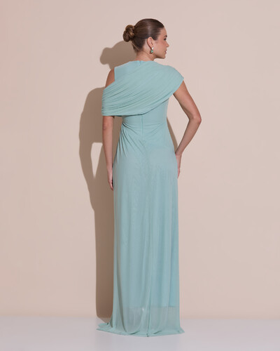 Foto Vestido de Festa Longo Capa Drapeado Tule Saia Fluida Verde Menta