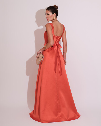 FotoVestido de Festa Longo Zibeline com Fenda e Faixa Laranja